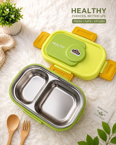 ashnik "Healthy Life" Stainless Steel 2-Compartment Bento Lunch Box 2
