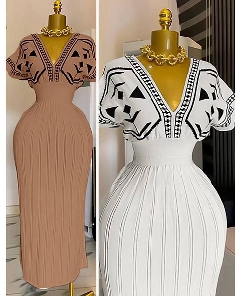 knitted V-neck dress features a white colorway and distinct black geometric pattern printing 3