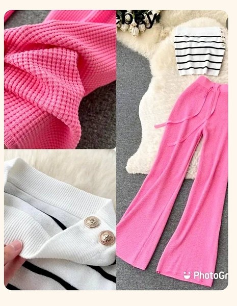 hot pink, waffle-knit two-piece lounge set consisting of wide-leg trousers and a coordinating top.