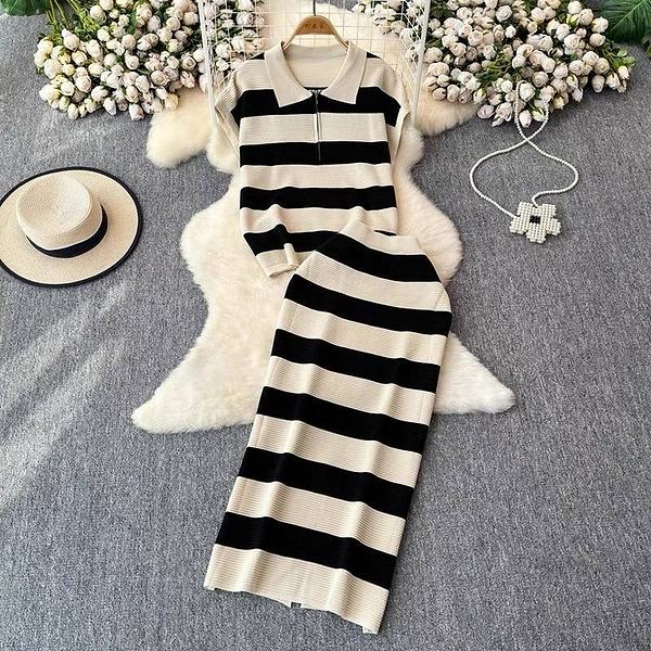 striped sweater skirt set features a collared top with a half-zip detail