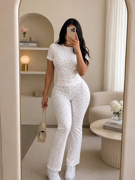 white and red floral print two-piece pajama set from SHEIN