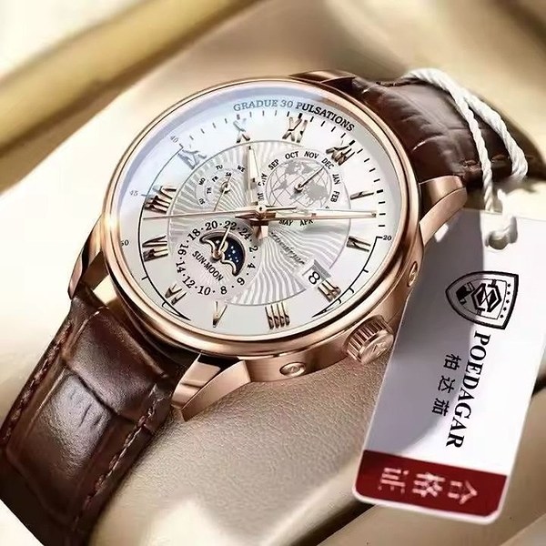 Poedagar luxury watch features a classic white dial with intricate subdials 2
