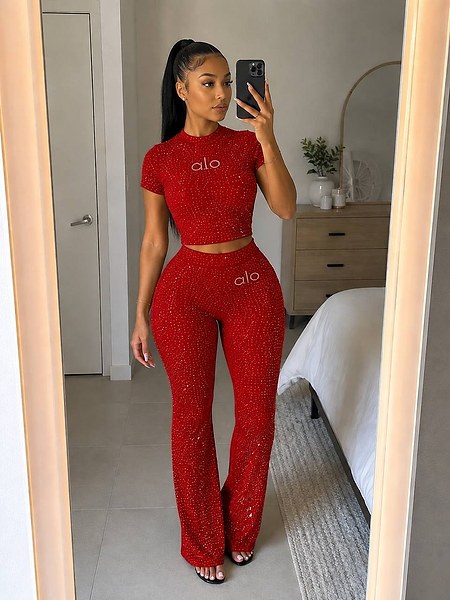 two-piece outfit featuring a glittered crop top and matching flared trousers 2