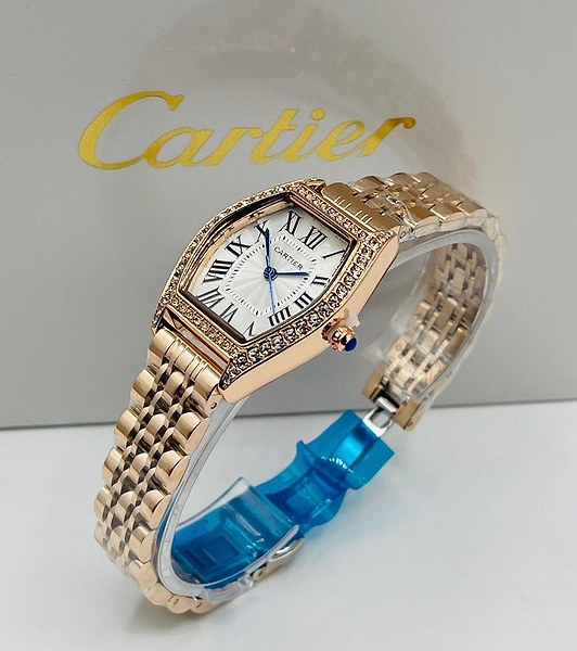 Cartier Tortue wristwatch features a rose gold case set with diamonds and a linked bracelet