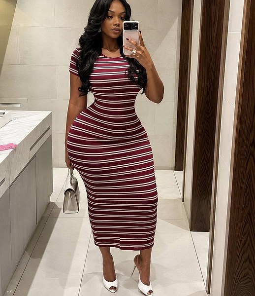 Fashion Nova Demi short-sleeve maxi dress featuring horizontal burgundy and white stripes