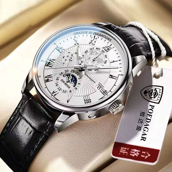 Poedagar luxury watch features a classic white dial with intricate subdials