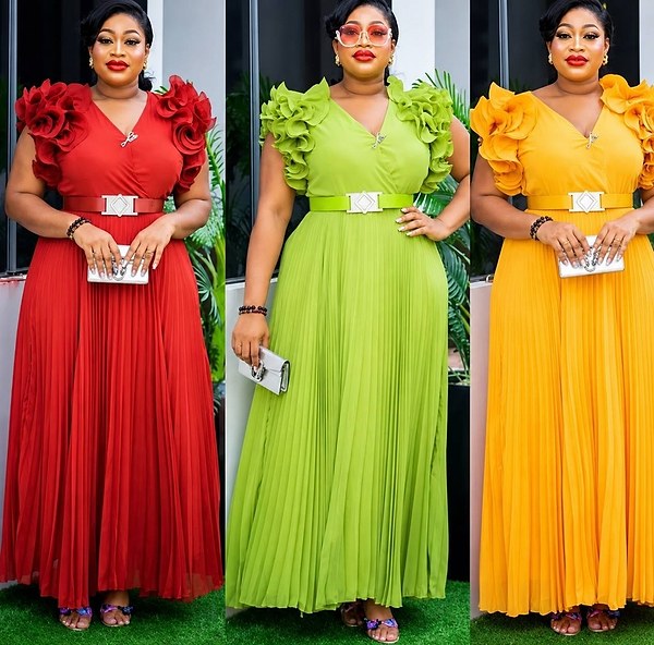 variety of long dresses with pleated skirts and ruffled sleeve details