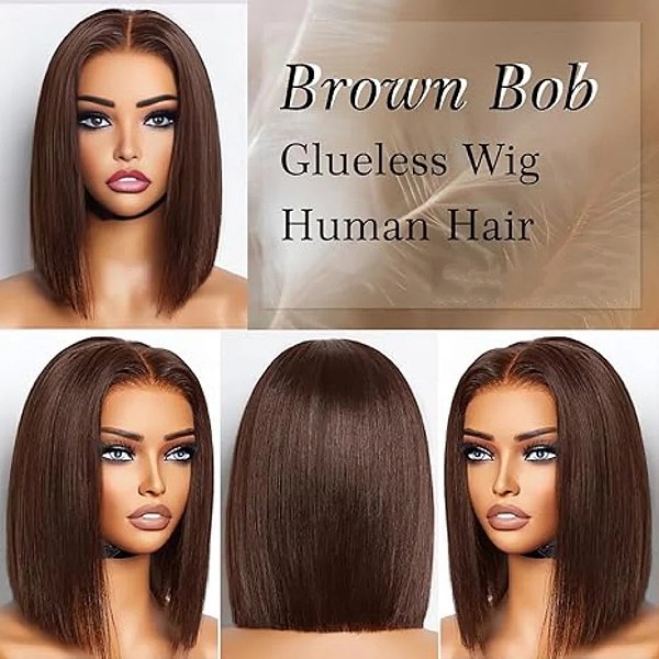 Glueless Dark Brown Blunt Cut SDD Bone straight 4x4 Lace Wig 100% Human Hair