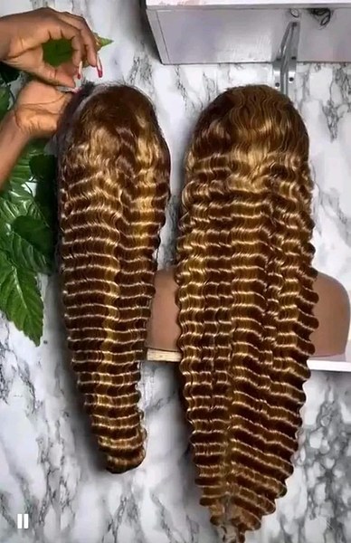 28-Inch Super Double Drawn (SDD) Honey Blonde Piano Highlight Deep Wave Human Hair Lace Frontal Wig.